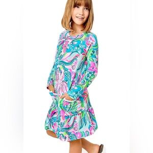 Lilly Pulitzer Vira Dress Turquoise Oasis Golden Hour Long Sleeve Dress Girls XL
